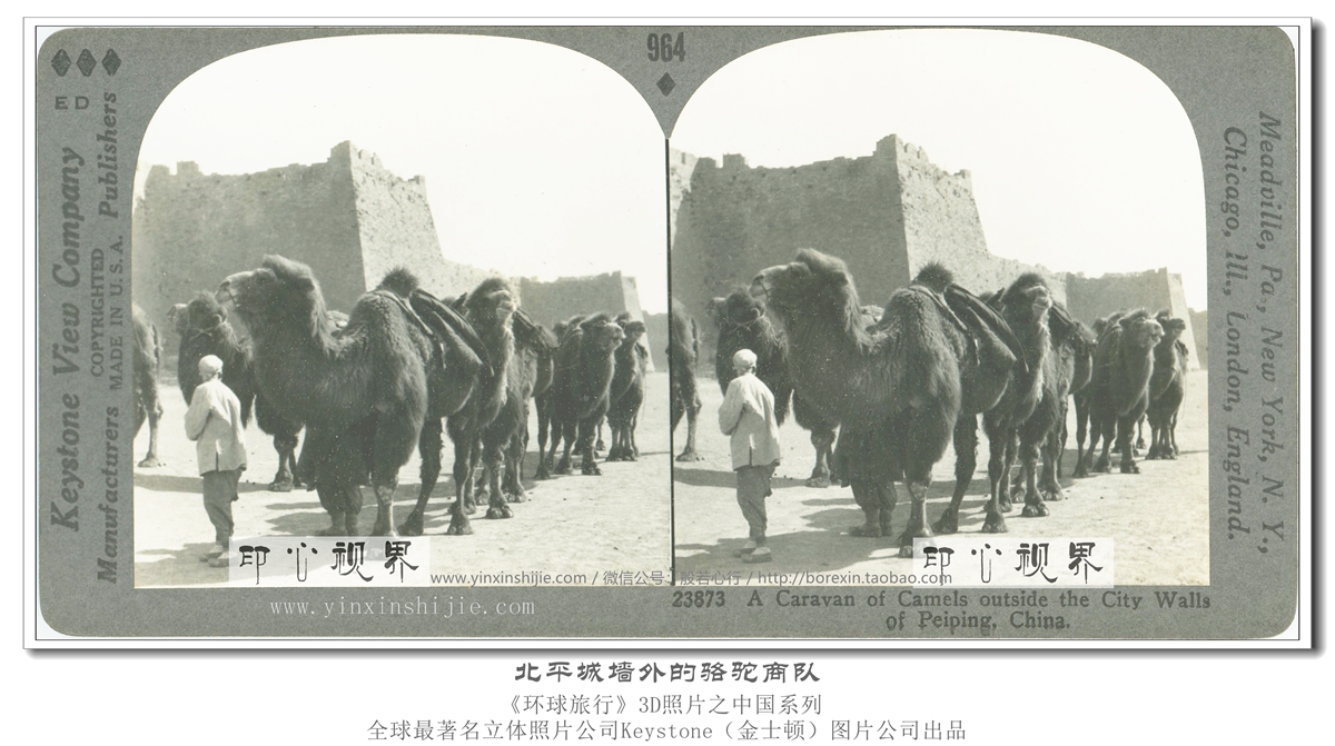 北平城墙外的骆驼商队--1936年3D版《环球旅行》立体照片